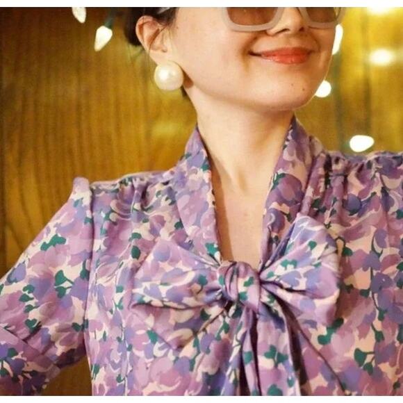 J Crew Collection top women’s size XXS purple floral watercolor relaxed fit twee - Picture 1 of 8